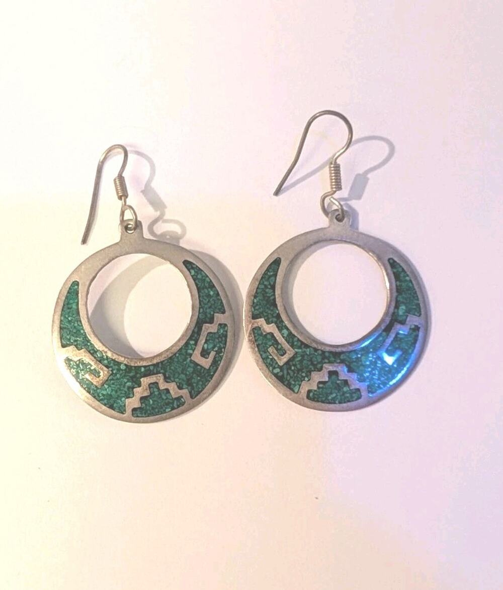 Taxco Mexico 925 Sterling Hook Dangle Earrings Turquoise Inlay Vintage 1"